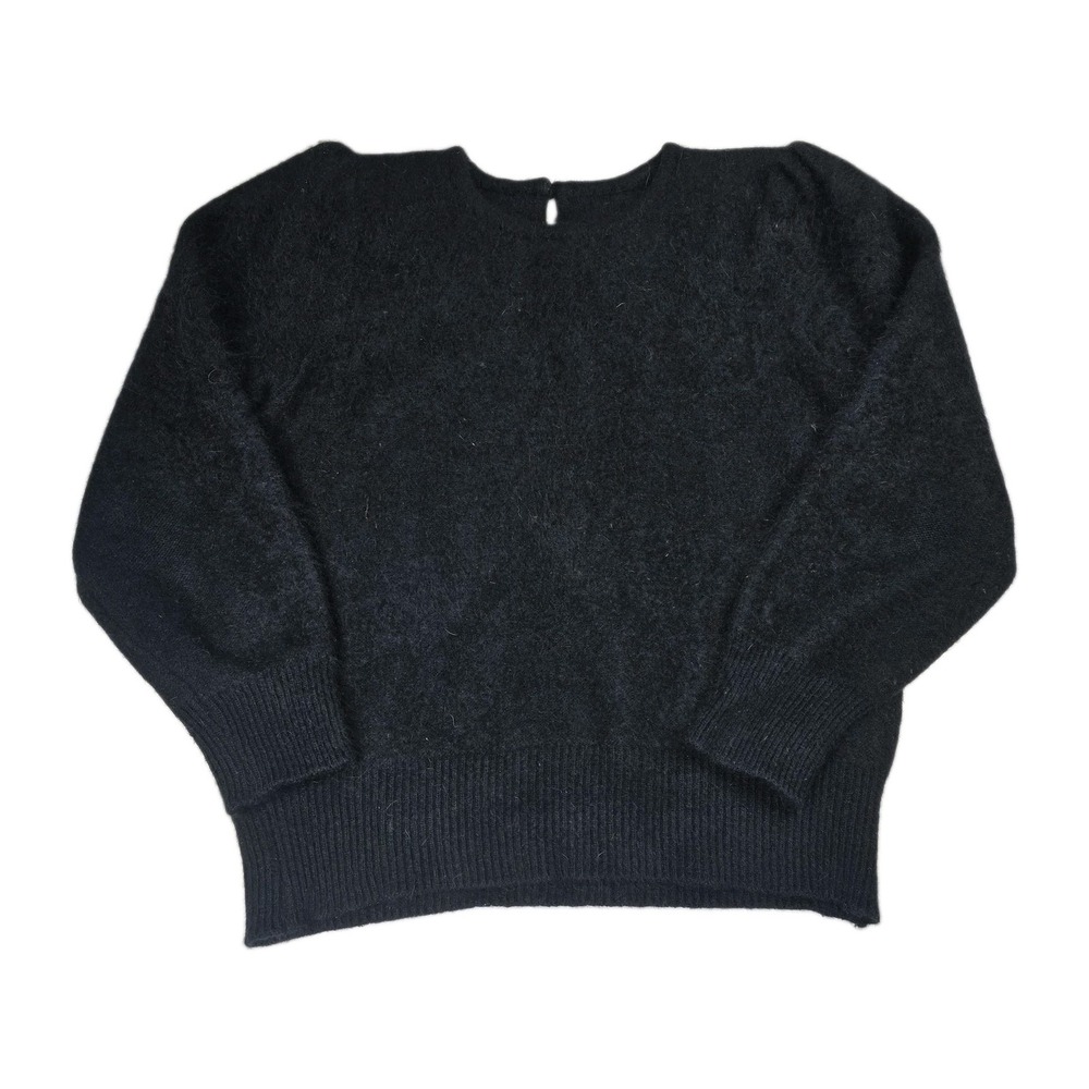 Vintage Angora Mohair Sweater Womens M Black Fuzzy Keyhole Back Rhinestone M